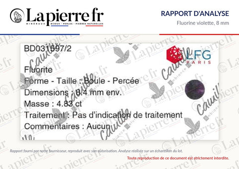 Rapport d'analyse des perles en fluorine violette 8 mm, La Pierre FR