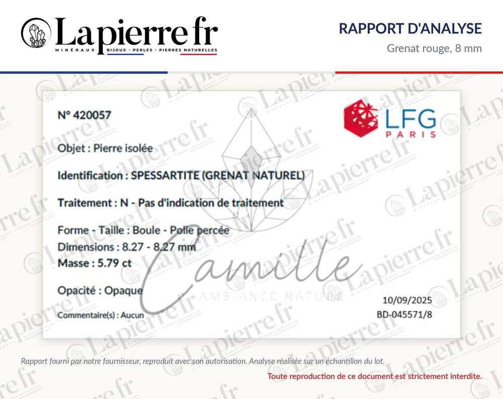 Rapport d'analyse des perles en grenat rouge 8 mm, La Pierre FR