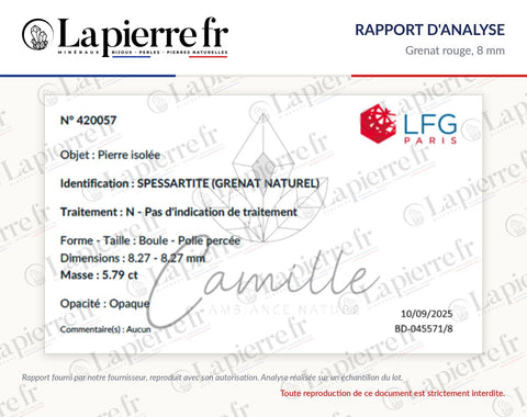 Rapport d'analyse des perles en grenat rouge 8 mm, La Pierre FR