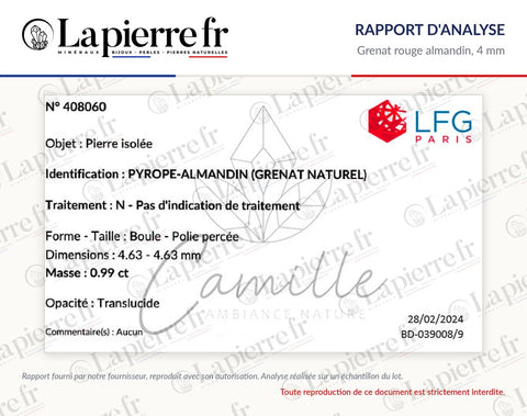 Rapport d'analyse des perles en grenat rouge almandin 4 mm, La Pierre FR