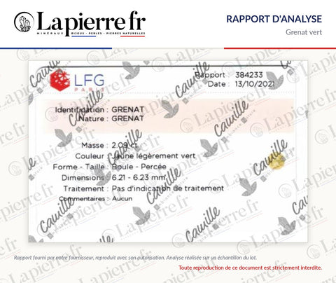Rapport d'analyse des perles en grenat vert, La Pierre FR