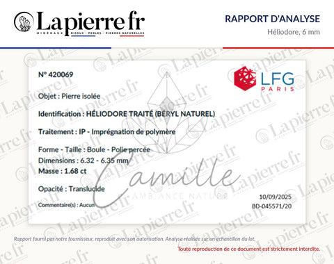 Rapport d'analyse des perles en héliodore 6 mm, La Pierre FR