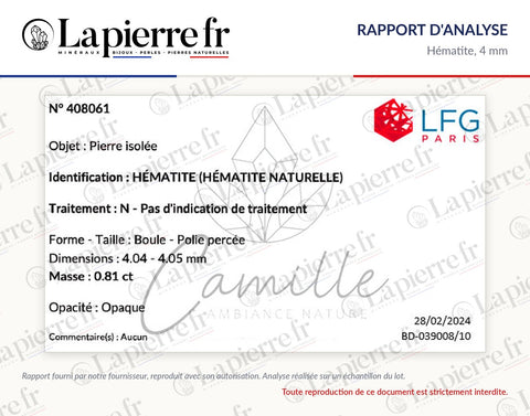 Rapport d'analyse des perles en hématite 4 mm, lot de juin 2024, La Pierre FR