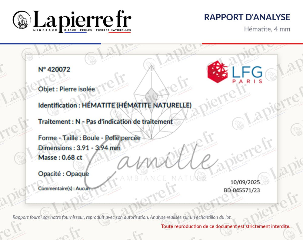 Rapport d'analyse des perles en hématite 4 mm, lot de novembre 2025, La Pierre FR