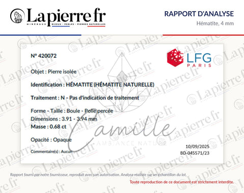 Rapport d'analyse des perles en hématite 4 mm, lot de novembre 2025, La Pierre FR