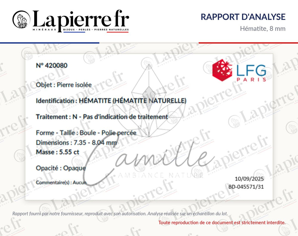 Rapport d'analyse des perles en hématite 8 mm, La Pierre FR