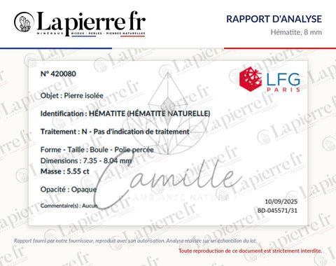 Rapport d'analyse des perles en hématite 8 mm, La Pierre FR
