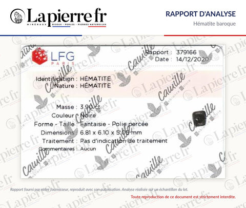 Rapport d'analyse des perles en hématite baroque, La Pierre FR