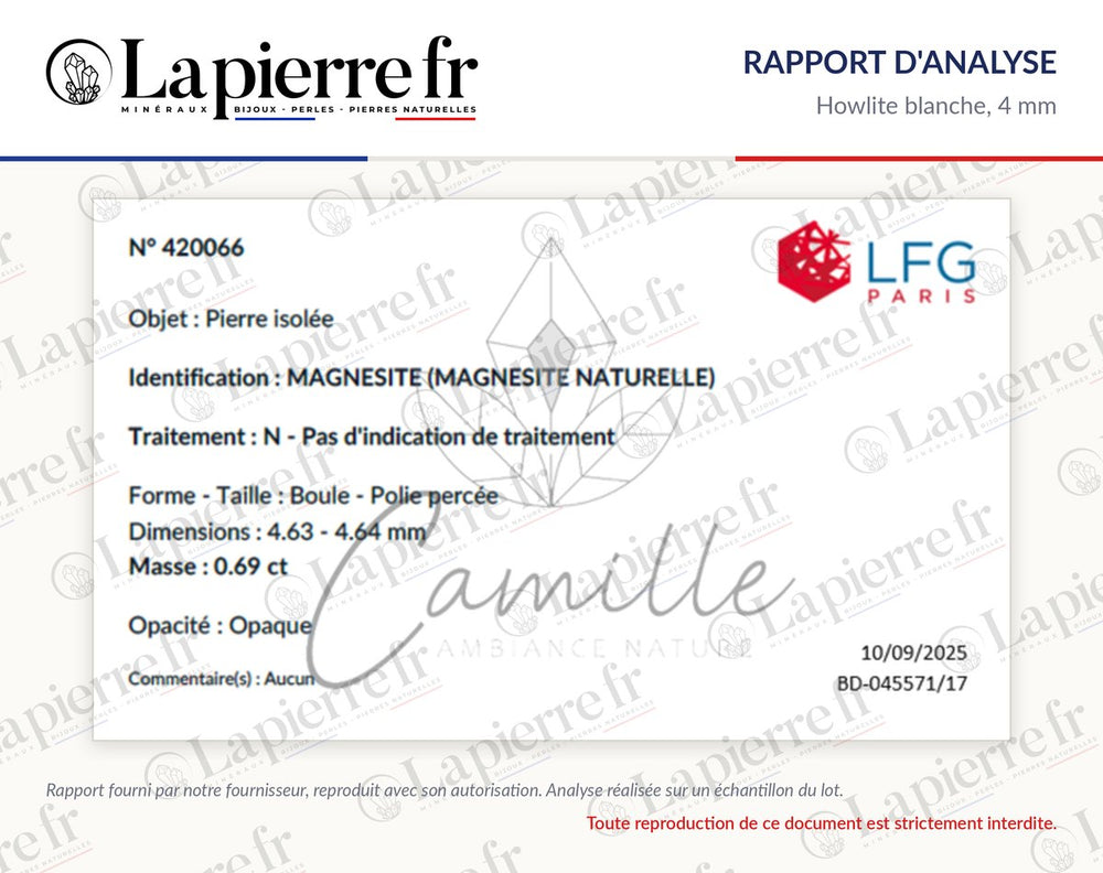 Rapport d'analyse des perles en howlite blanche 4 mm, La Pierre FR