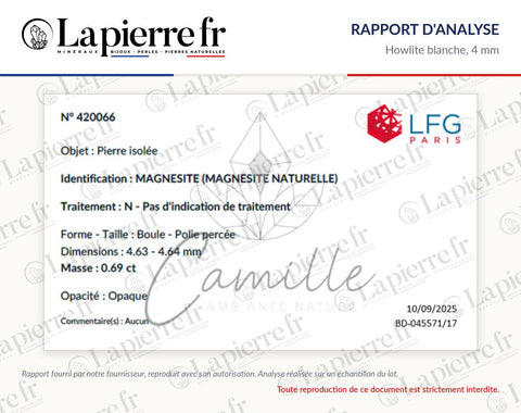 Rapport d'analyse des perles en howlite blanche 4 mm, La Pierre FR