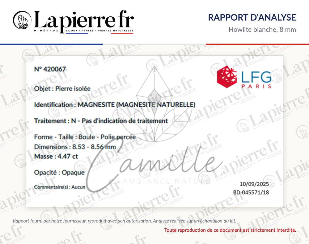 Rapport d'analyse des perles en howlite blanche 8 mm, La Pierre FR