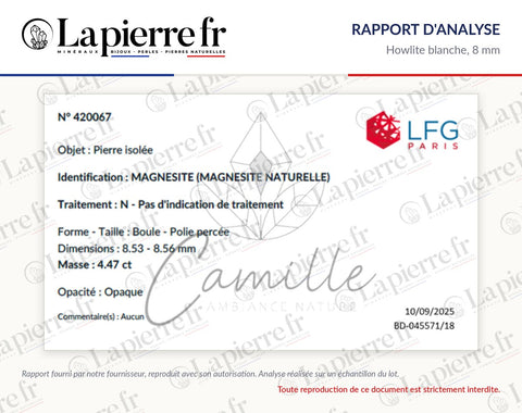 Rapport d'analyse des perles en howlite blanche 8 mm, La Pierre FR