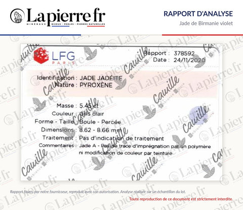 Rapport d'analyse des perles en jade de Birmanie violet, La Pierre FR
