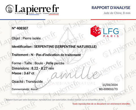 Rapport d'analyse des perles en jade de Chine 8 mm, La Pierre FR
