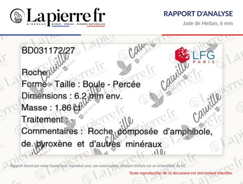 Rapport d'analyse des perles en jade de Hetian 6 mm, La Pierre FR