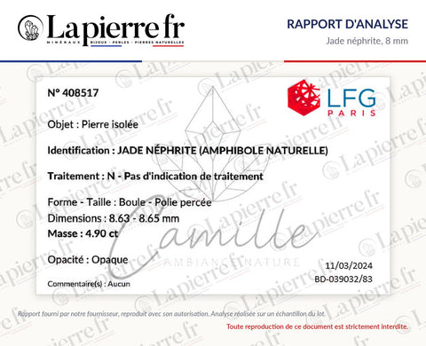 Rapport d'analyse des perles en jade néphrite 8 mm, La Pierre FR