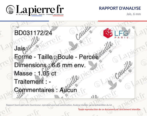 Rapport d'analyse des perles en jais 6 mm, La Pierre FR