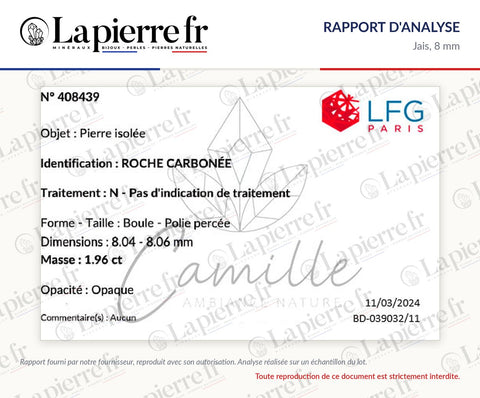 Rapport d'analyse des perles en jais 8 mm, La Pierre FR