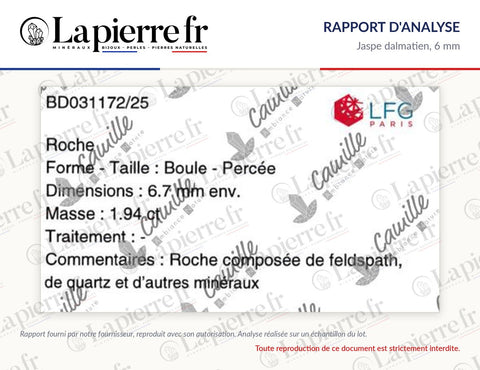 Rapport d'analyse des perles en jaspe dalmatien 6 mm, La Pierre FR