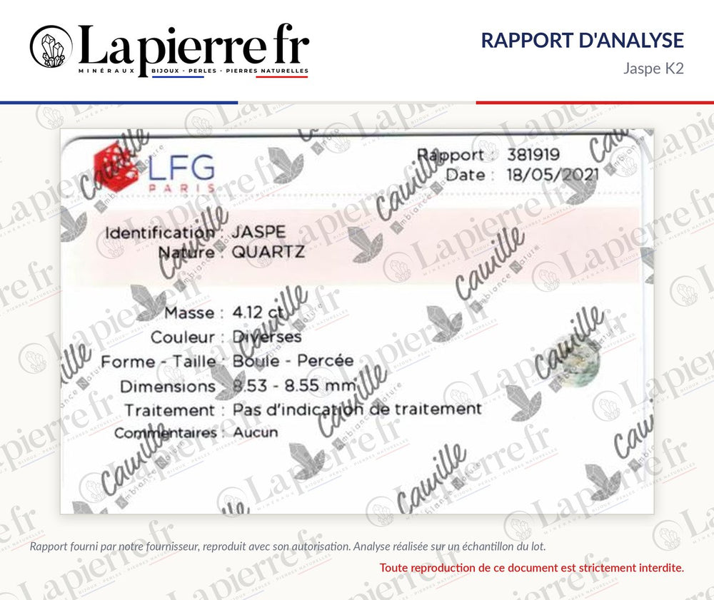 Rapport d'analyse des perles en jaspe K2, La Pierre FR