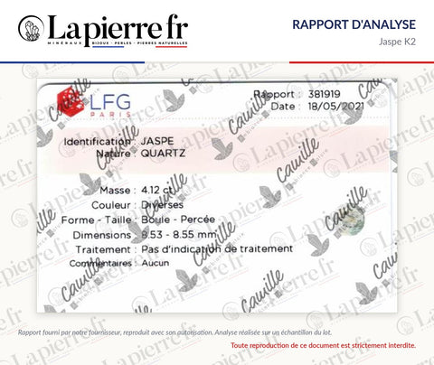 Rapport d'analyse des perles en jaspe K2, La Pierre FR