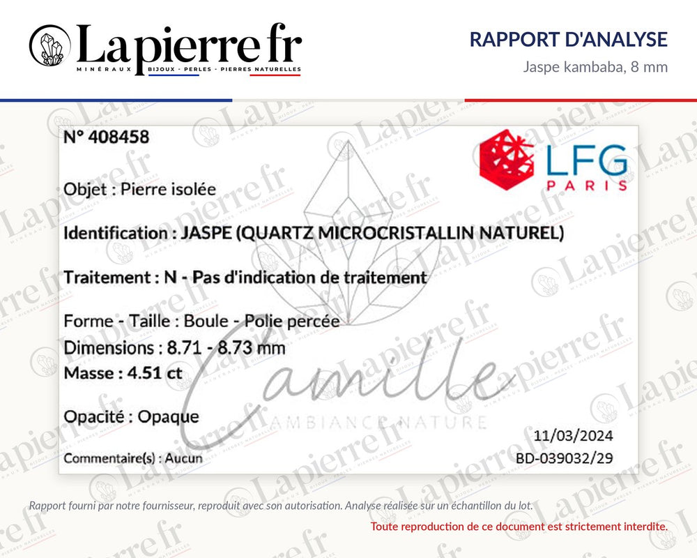 Rapport d'analyse des perles en jaspe kambaba 8 mm, La Pierre FR