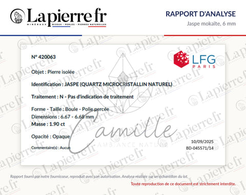 Rapport d'analyse des perles en jaspe mokaïte 6 mm, La Pierre FR