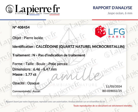 Rapport d'analyse des perles en jaspe océan 6 mm, La Pierre FR