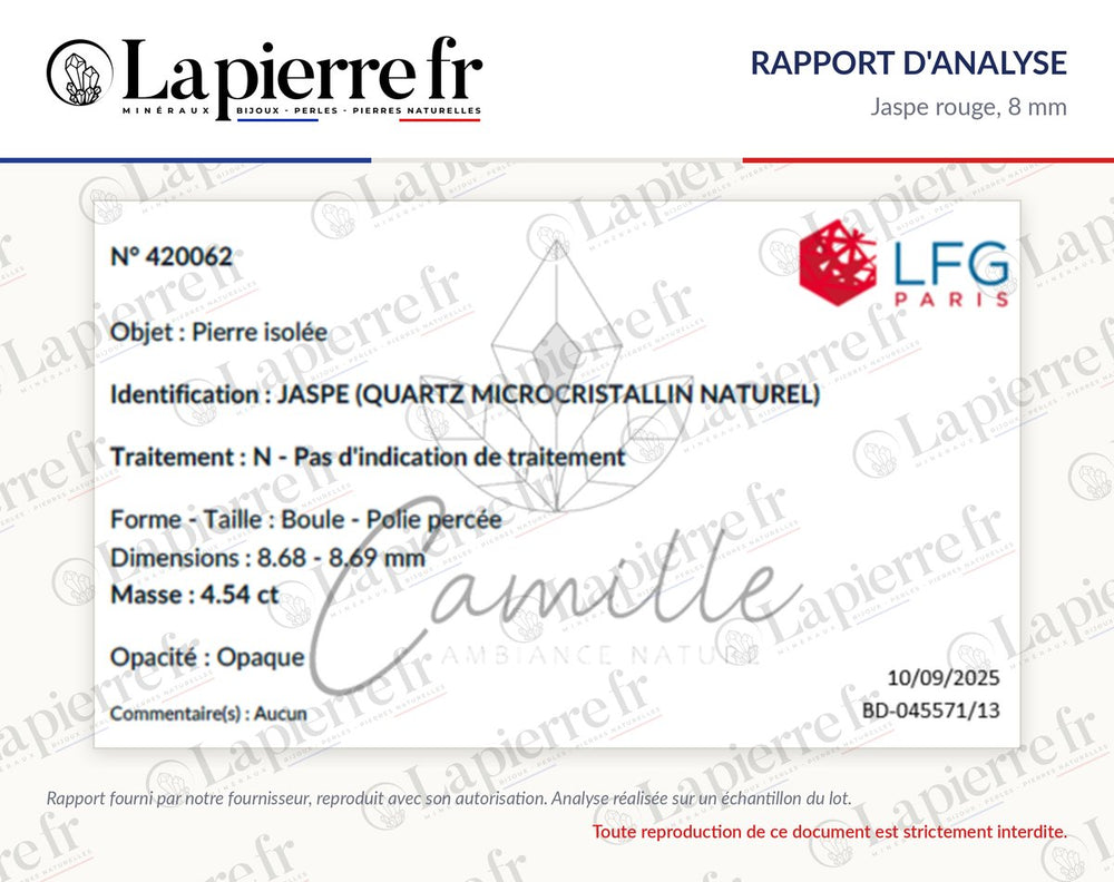 Rapport d'analyse des perles en jaspe rouge 8 mm, La Pierre FR