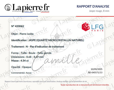 Rapport d'analyse des perles en jaspe rouge 8 mm, La Pierre FR
