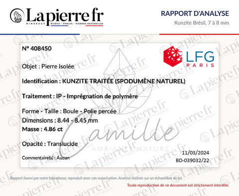 Rapport d'analyse des perles en kunzite Brésil 7 à 8 mm, La Pierre FR