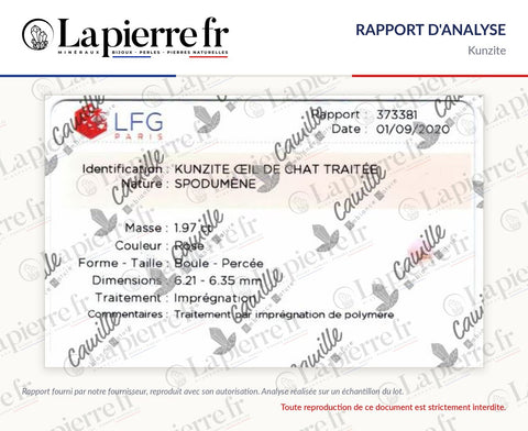 Rapport d'analyse des perles en kunzite, La Pierre FR