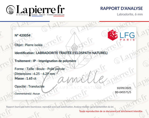 Rapport d'analyse des perles en labradorite 6 mm, La Pierre FR