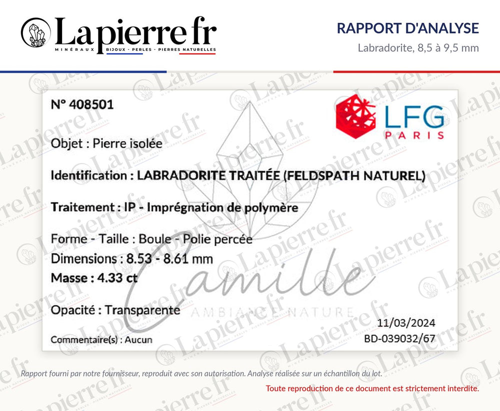 Rapport d'analyse des perles en labradorite 8,5 à 9,5 mm, La Pierre FR