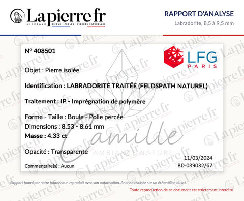 Rapport d'analyse des perles en labradorite 8,5 à 9,5 mm, La Pierre FR