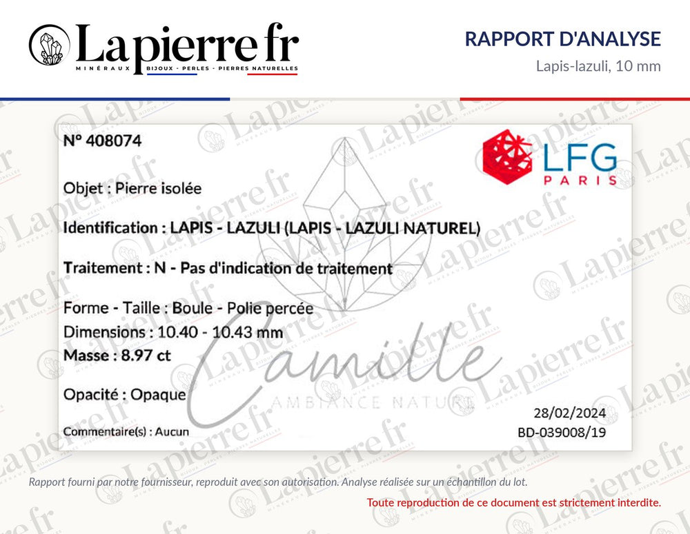 Rapport d'analyse des perles en lapis-lazuli 10 mm, lot de juin 2024, La Pierre FR