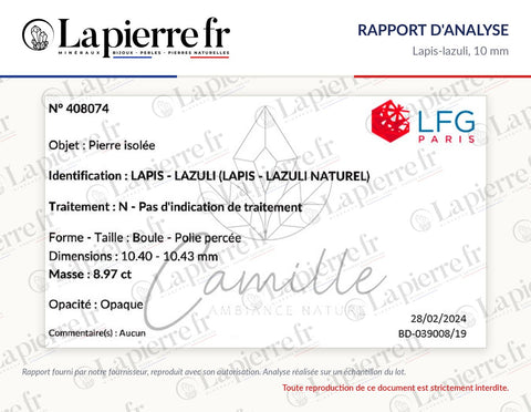 Rapport d'analyse des perles en lapis-lazuli 10 mm, lot de juin 2024, La Pierre FR