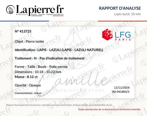 Rapport d'analyse des perles en lapis-lazuli 10 mm, lot de novembre 2024, La Pierre FR