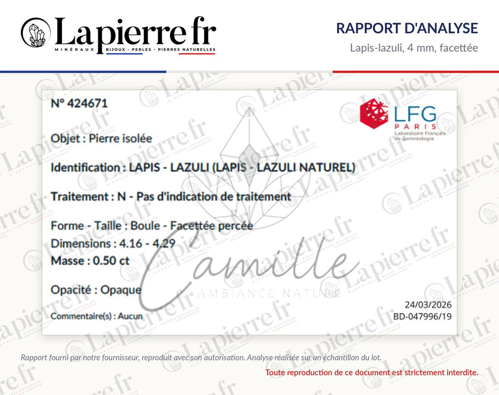 Rapport d'analyse des perles en lapis-lazuli 4 mm facettée, La Pierre FR