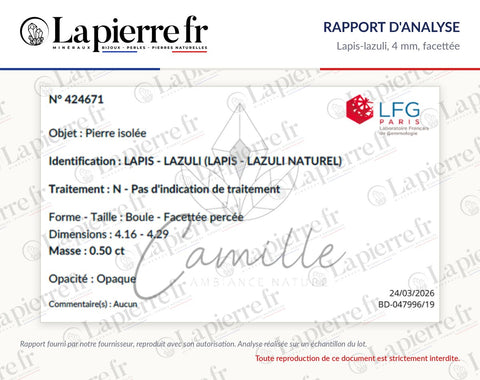 Rapport d'analyse des perles en lapis-lazuli 4 mm facettée, La Pierre FR