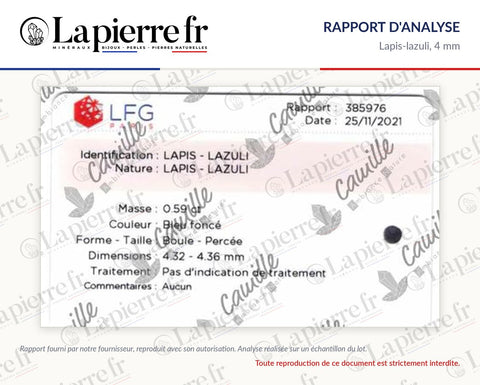 Rapport d'analyse des perles en lapis-lazuli 4 mm, La Pierre FR