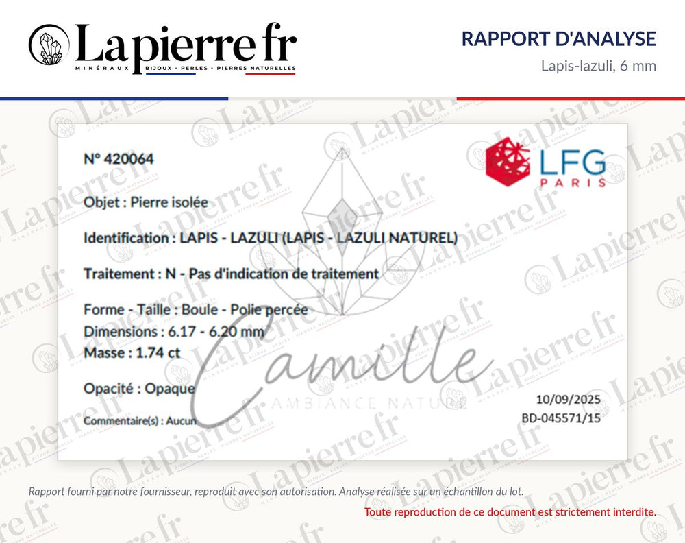 Rapport d'analyse des perles en lapis-lazuli 6 mm, La Pierre FR
