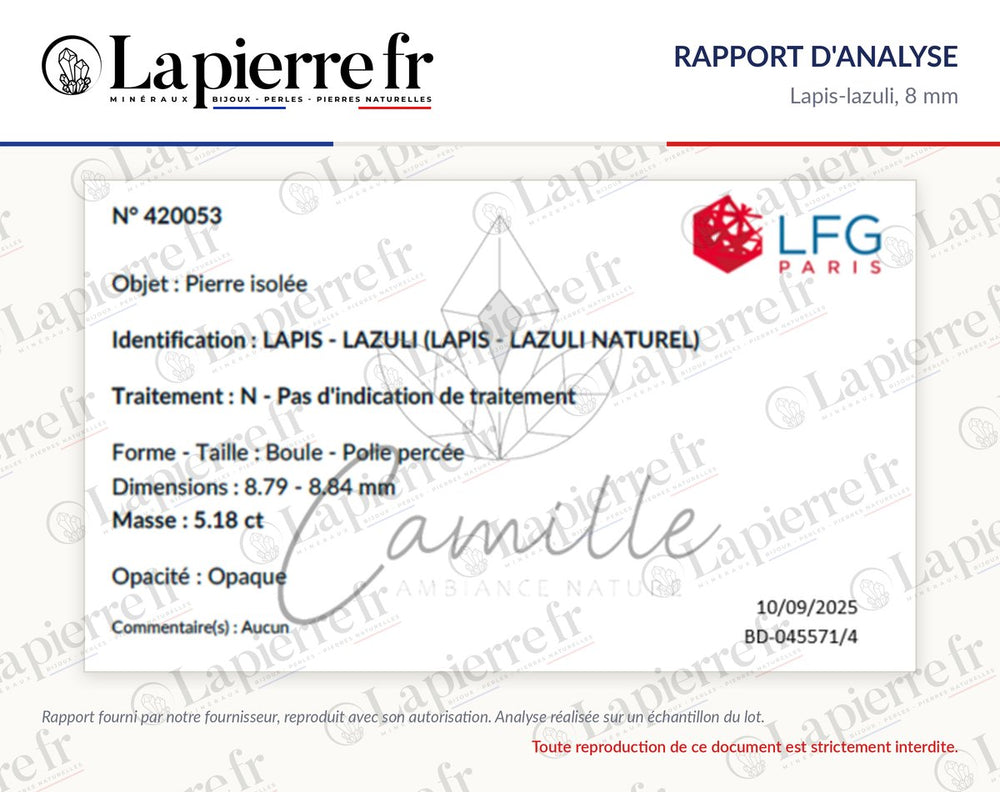 Rapport d'analyse des perles en lapis-lazuli 8 mm, lot de novembre 2025, La Pierre FR