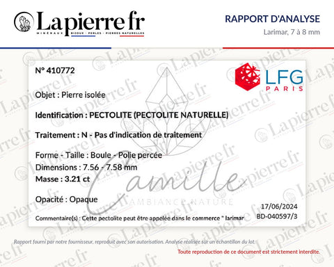 Rapport d'analyse des perles en larimar 7 à 8 mm, La Pierre FR