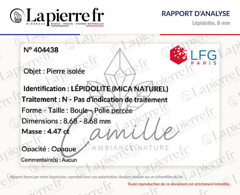 Rapport d'analyse des perles en lépidolite 8 mm, lot d'octobre 2023, La Pierre FR