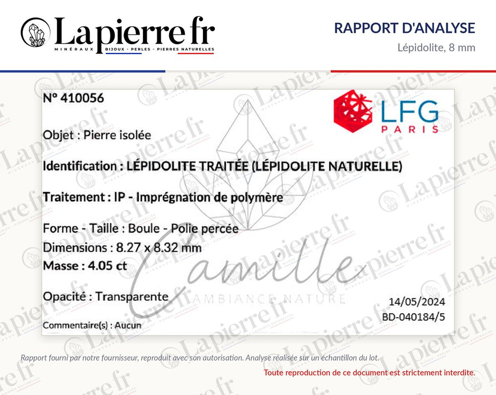 Rapport d'analyse des perles en lépidolite 8 mm, lot de juin 2024, La Pierre FR