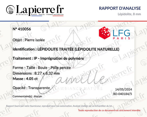 Rapport d'analyse des perles en lépidolite 8 mm, lot de juin 2024, La Pierre FR