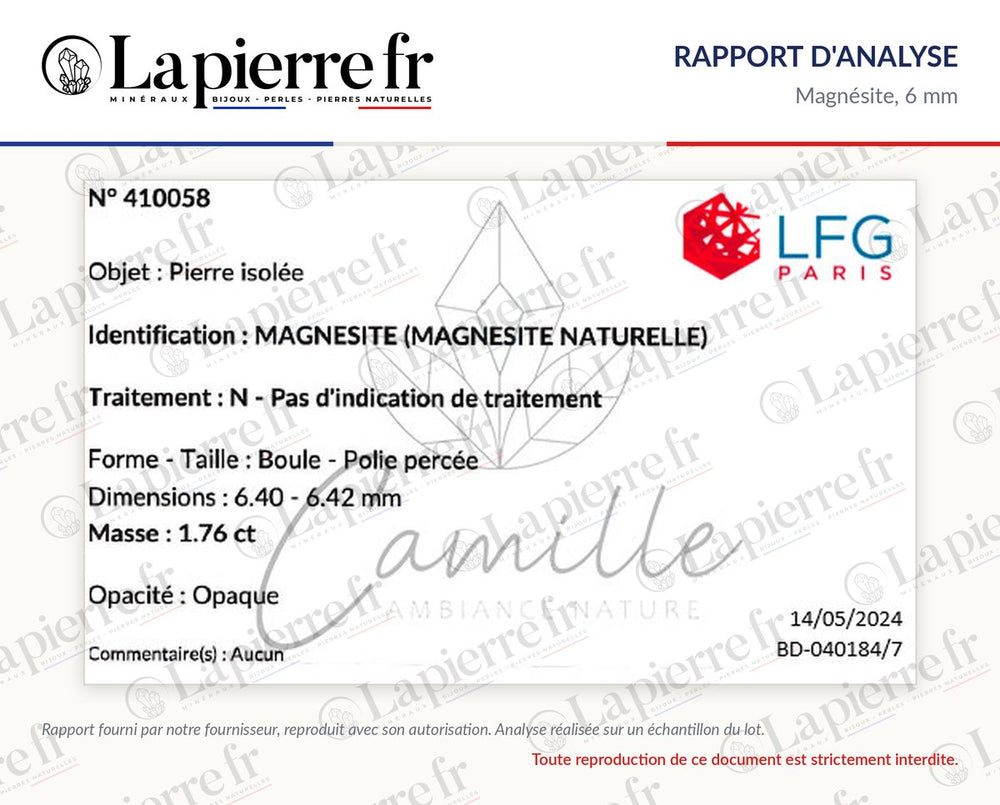 Rapport d'analyse des perles en magnésite 6 mm, La Pierre FR