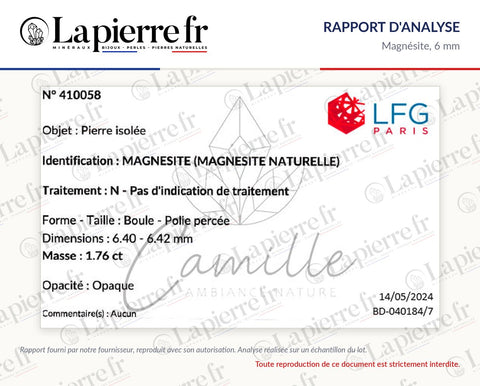 Rapport d'analyse des perles en magnésite 6 mm, La Pierre FR