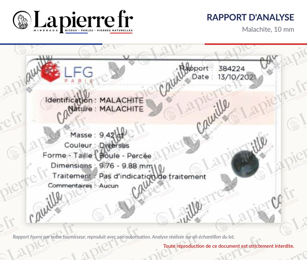 Rapport d'analyse des perles en malachite 10 mm, La Pierre FR